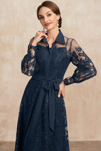 Robe Manche Longue En Dentelle Marine - gallery 1