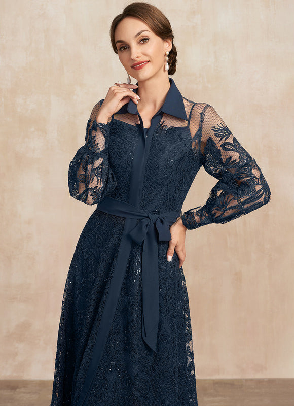 Robe Manche Longue En Dentelle Marine - gallery 1