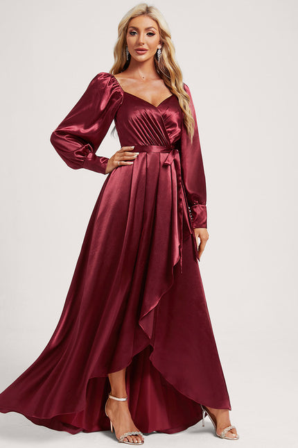 Robe Manche Longue Satin Volants Bordeaux