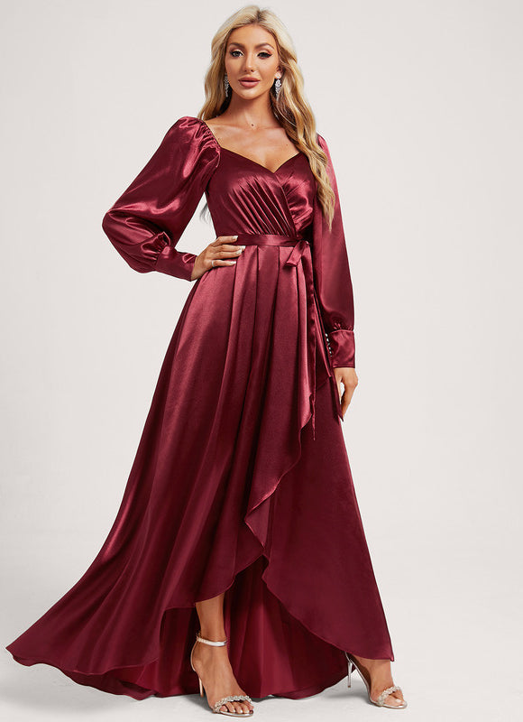 Robe Manche Longue Satin Volants Bordeaux