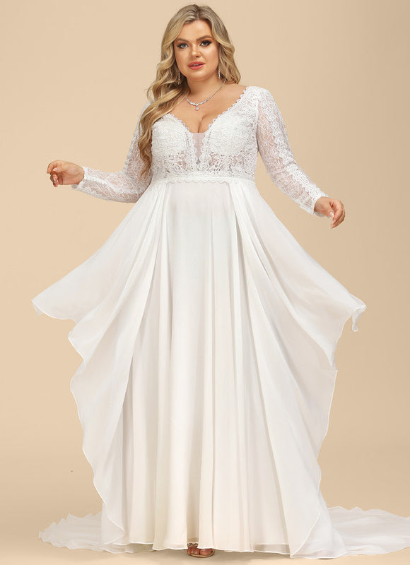 Robe Manche Longue Traîne Vaporeuse - gallery 7