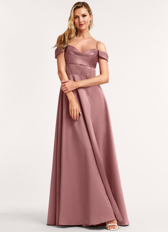 Robe Manche Longue Satin Épaule Dénudée - gallery 2