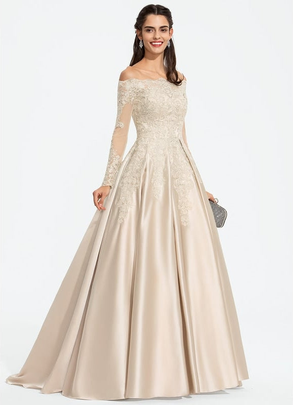 Robe Satin Beige Manche Longue - gallery 3