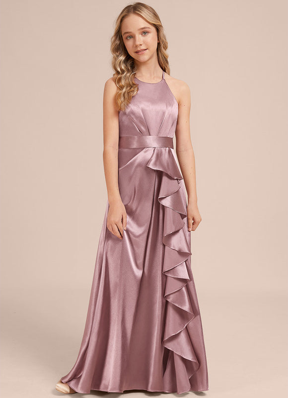 Robe Manche Longue Satin Mauve Volants - gallery 2