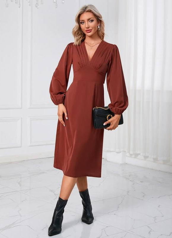 Robe Manche Longue Midi Bordeaux Satinée