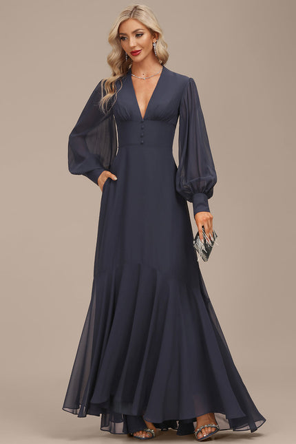 Robe Manche Longue Fluide Bleu Marine - gallery 6