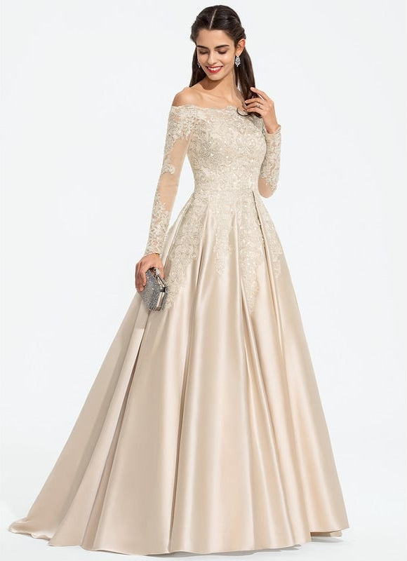 Robe Satin Beige Manche Longue - gallery 9