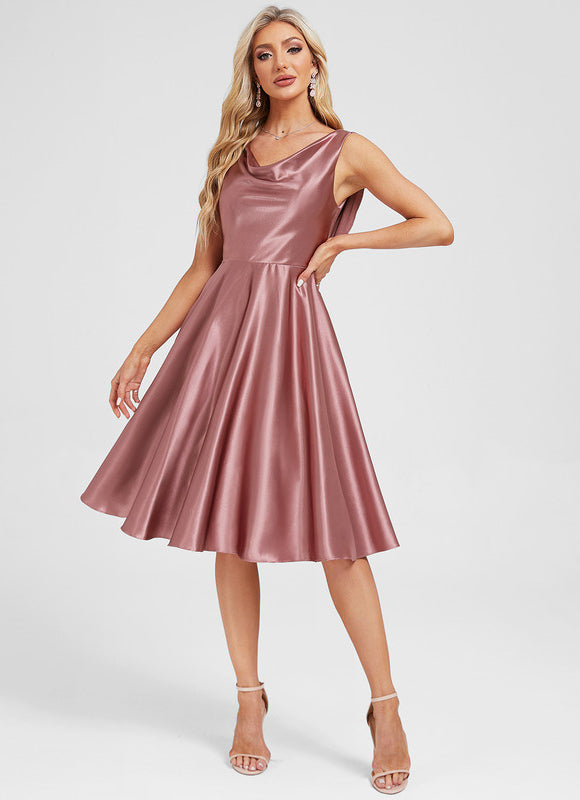 Robe Manche Longue Satin Rose Clair - gallery 5