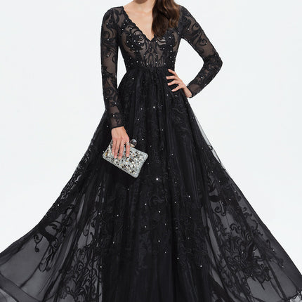 Robe Manche Longue De Bal Noire Élégante