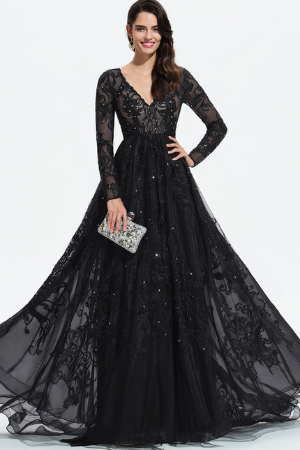 Robe Manche Longue De Bal Noire Élégante