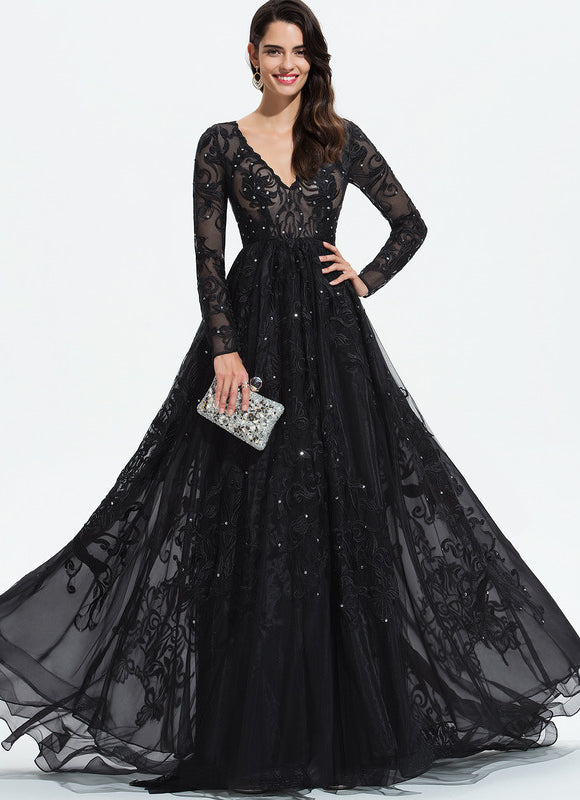 Robe Manche Longue De Bal Noire Élégante