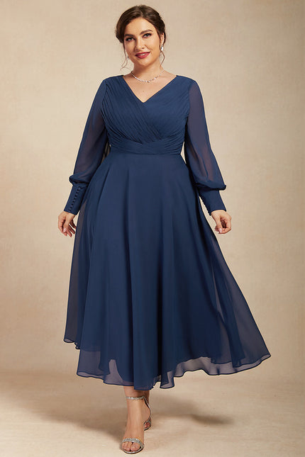 Robe Manche Longue Vaporeuse Marine - gallery 7