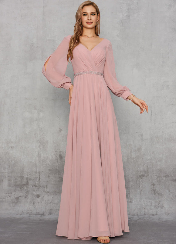 Robe Manche Longue Mousseline Rose Élégante - gallery 2