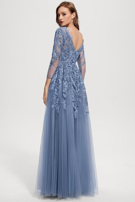 Robe Manche Longue Tulle Bleue Élégante - gallery 5