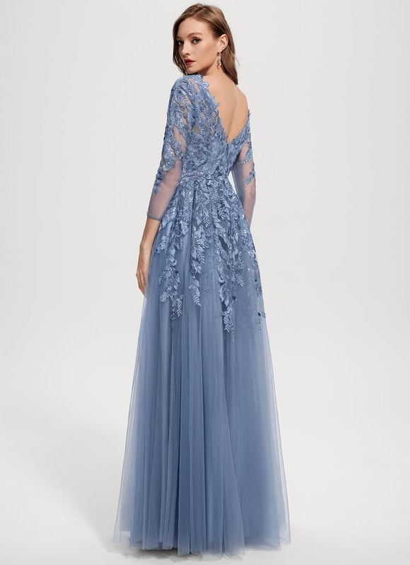Robe Manche Longue Tulle Bleue Élégante - gallery 5