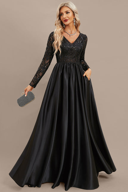 Robe Satin Noir Manche Longue - gallery 5