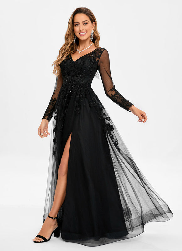 Robe Noire Tulle Manches Longues - gallery 5