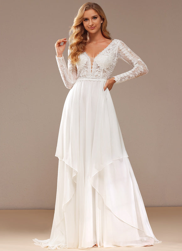 Robe Manche Longue Traîne Vaporeuse - gallery 6