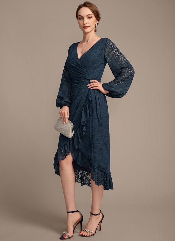 Robe Manche Longue Dentelle Bleu Nuit - gallery 4