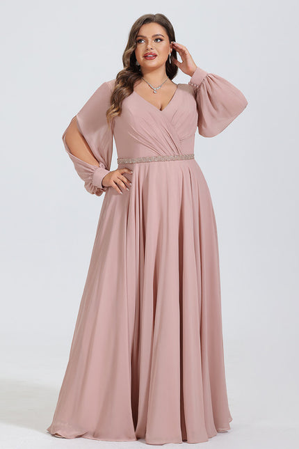 Robe Manche Longue Mousseline Rose Élégante - gallery 5
