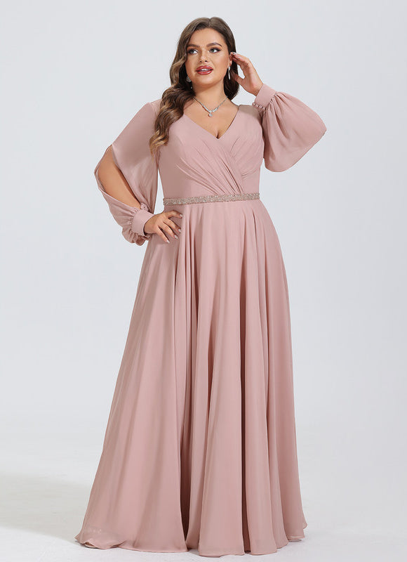Robe Manche Longue Mousseline Rose Élégante - gallery 5