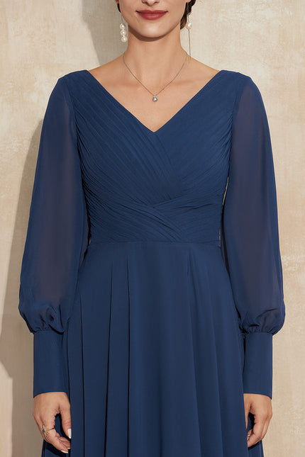 Robe Manche Longue Vaporeuse Marine - gallery 1
