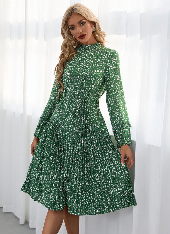 Robe Manche Longue Midi Verte Fleuri