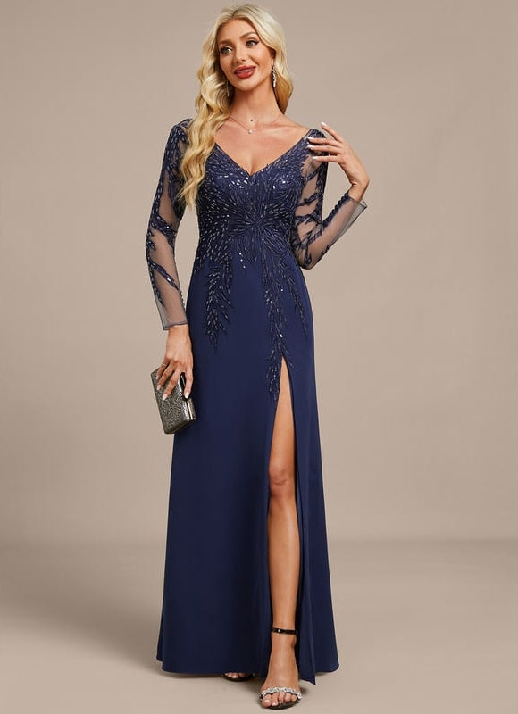 Robe Manche Longue Soirée Bleu Scintillante - gallery 2