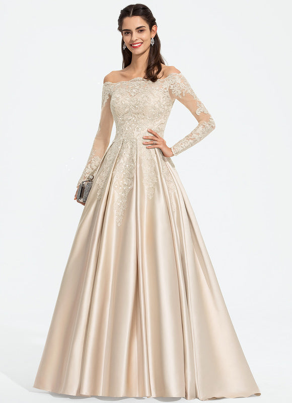 Robe Satin Beige Manche Longue - gallery 7