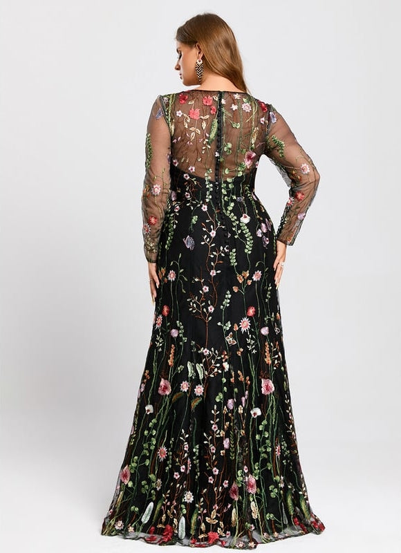Robe Manche Longue Florale Noire - gallery 9