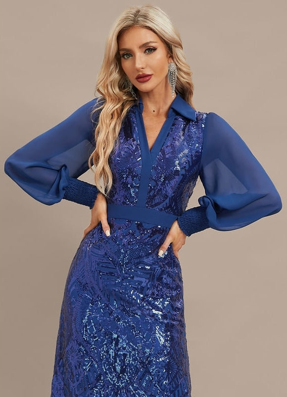 Robe Manche Longue Bleu Scintillante - gallery 1