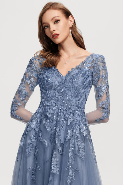 Robe Manche Longue Tulle Bleue Élégante - gallery 1