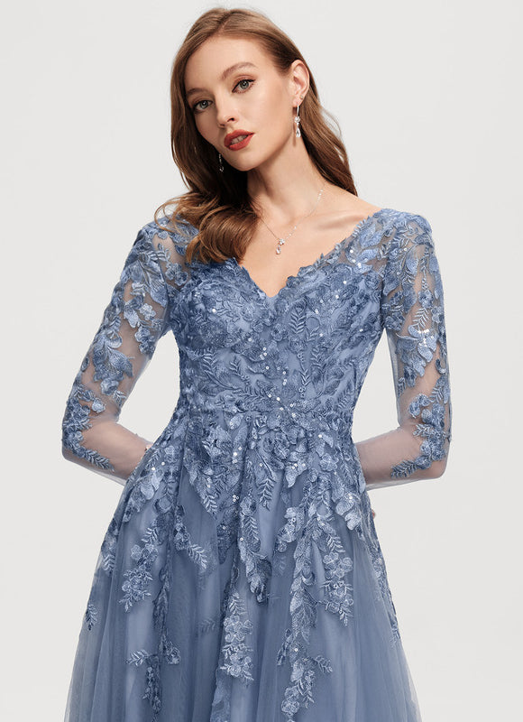 Robe Manche Longue Tulle Bleue Élégante - gallery 1