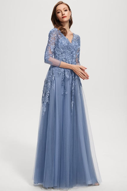 Robe Manche Longue Tulle Bleue Élégante - gallery 3