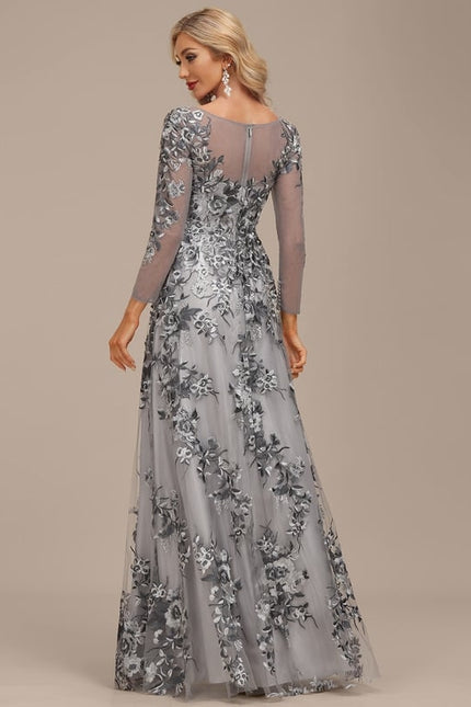 Robe Manche Longue Grise Florale - gallery 4