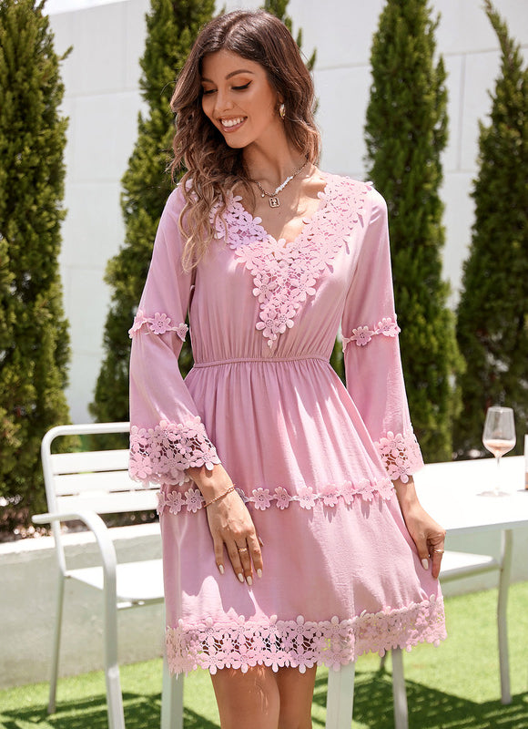 Robe Manche Longue Courte Florale Rose - gallery 5