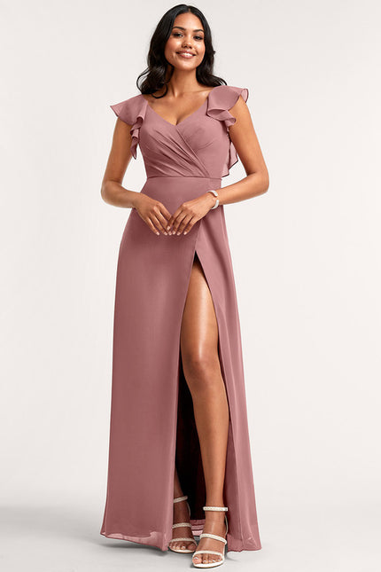 Robe Manche Longue Longue Rose Volants
