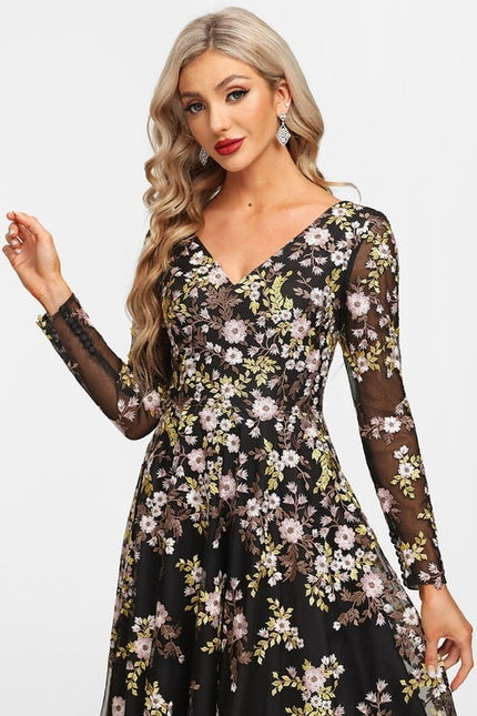 Robe Manche Longue Florale Noire Vaporeuse - gallery 1