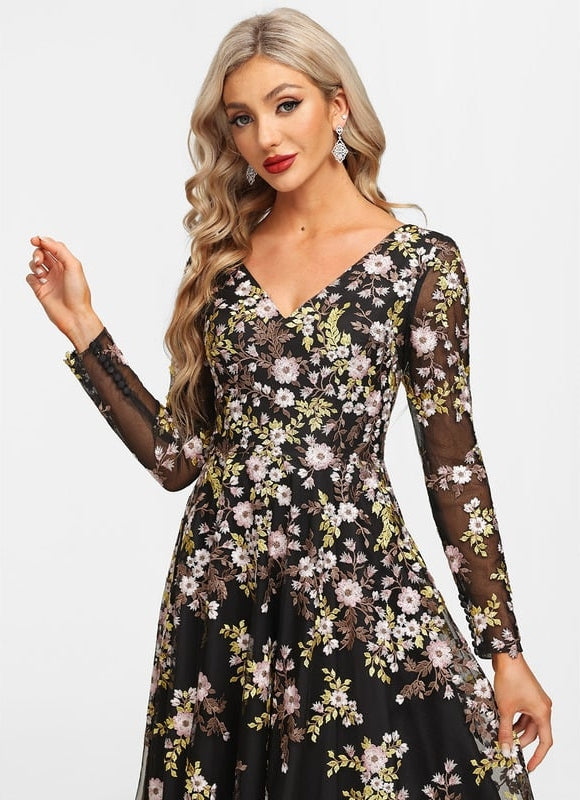 Robe Manche Longue Florale Noire Vaporeuse - gallery 1
