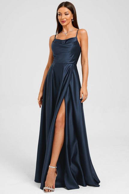 Robe Manche Longue Satin Marine - gallery 5