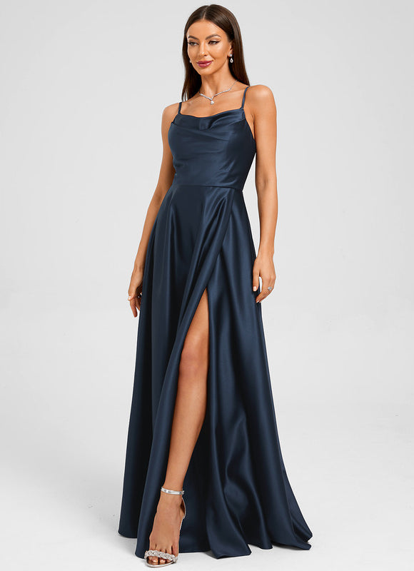 Robe Manche Longue Satin Marine - gallery 5