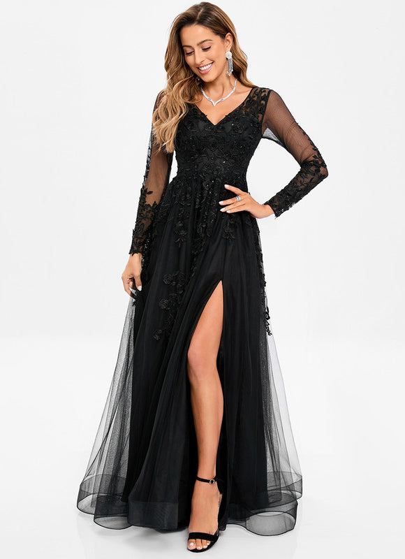 Robe Noire Tulle Manches Longues - gallery 6