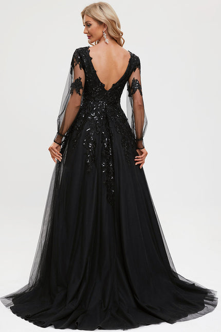 Robe Manche Longue De Bal Noire Élégante - gallery 9