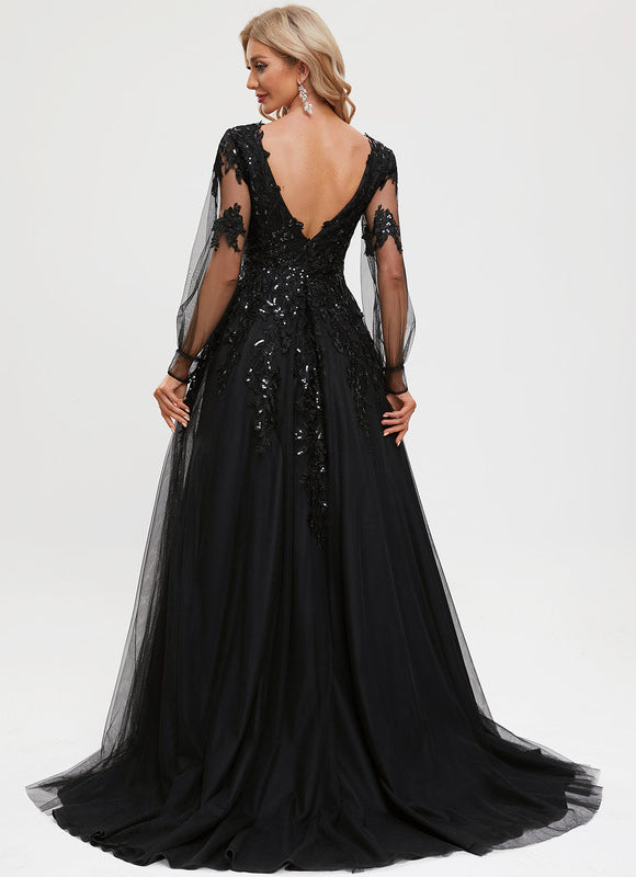 Robe Manche Longue De Bal Noire Élégante - gallery 9