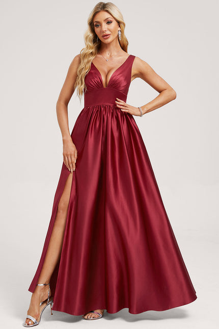 Robe Manche Longue Satin Bordeaux Fendue - gallery 2