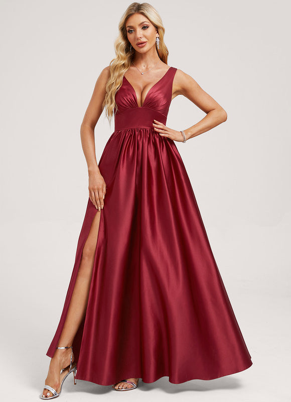 Robe Manche Longue Satin Bordeaux Fendue - gallery 2