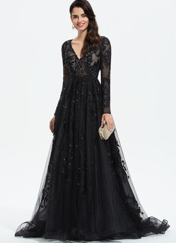 Robe Manche Longue De Bal Noire Élégante - gallery 3