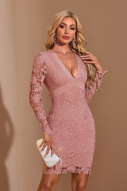 Robe Dentelle Rose Manche Longue - gallery 4