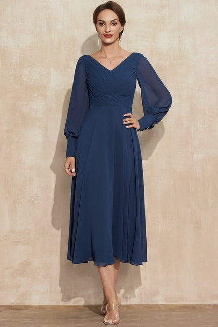 Robe Manche Longue Vaporeuse Marine - gallery 2