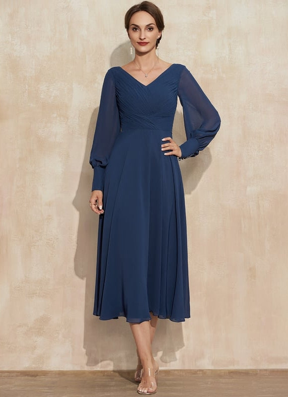 Robe Manche Longue Vaporeuse Marine - gallery 2